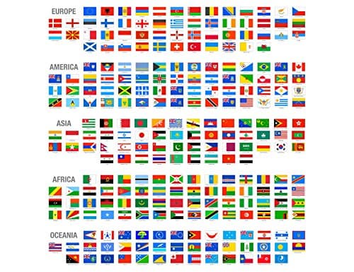 Image of Flags of the World by Continent (Europe, America, Asia, Africa and Oceania) with Country Names, Wall Poster Sized 33 x 33 cm