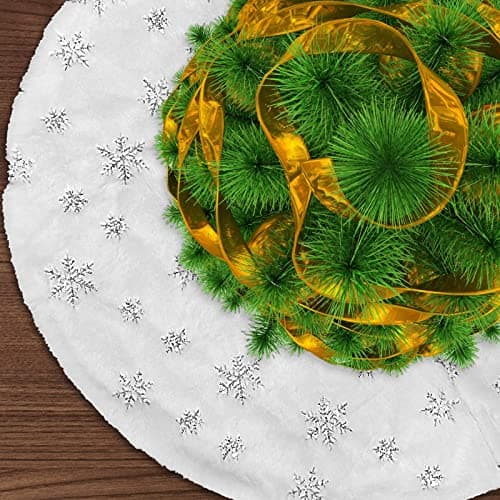 Image of Jsdoin Christmas Tree Skirts, 36 Inch White Plush Double Layers Tree Skirt with Silver Snowflake Printed, Xmas Tree Base Cover for Christmas New Year Home Decoration(90cm)