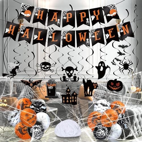 Image of Halloween Party Decoration Kit - Halloween Hanging Swirl, Banner, 12 Pieces Balloons and 20 gram Spiderweb Cobweb for Halloween Party Indoor Outdoor Decorations