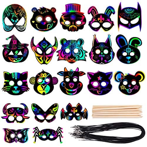 Image of Mask Craft Kit for Kids, 52 Pcs Kids Magic Scratch Paper Animal Masks, DIY Rainbow Scratch Art Masks for Halloween and Animal Birthday Party