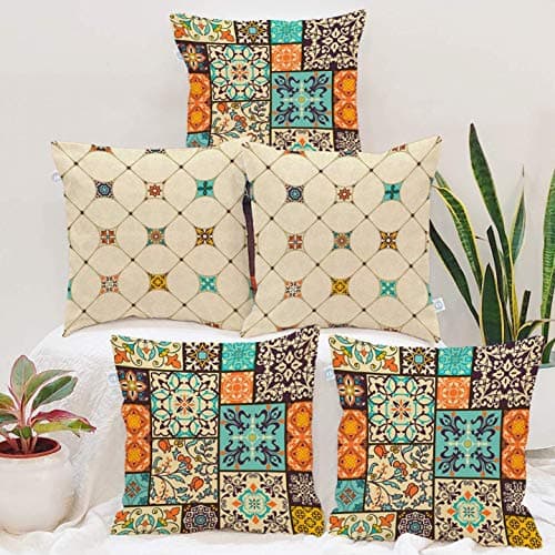Image of STITCHNEST Ethnic Art Box Printed Cotton 200 TC Canvas Cushion Cover, Set of 5 (24 X 24 Inches) Multicolor