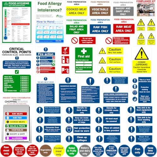 Image of Kitchen Safety Signs plus Allergens poster,Comprehensive kit, Self Adhesive 60Pcs, H&S Compliant, Waterproof -Oil proof, Food Hygiene stickers, Mixed Decals, Restaurants, Schools, Catering vans - UK