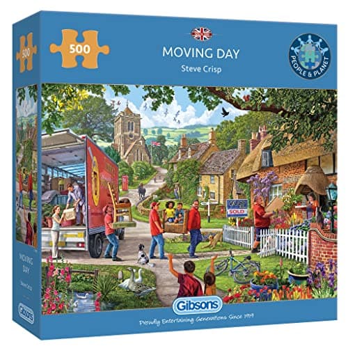 Image of Gibsons Moving Day 500 Piece Jigsaw Puzzle for Adults - Charming Village Artwork by Steve Crisp - Premium Recycled Board – Sustainable Gift Made in the UK/EU for Puzzle Lovers