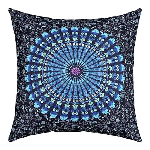 Image of Boho Mandala Pillow Cases Cushion Covers Boys Girls Bohemian Style Throw Pillow Covers 16x16 Inch Set of 1 For Kids Hippie Mandala Throw Pillowcases Exotic Floral Printed Blue Cushion Cases