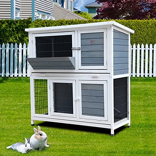 Image of BUNNY BUSINESS 41" 2-Tier Double Decker Rabbit/Guinea Pig Hutch Hutches with Sliding Trays & Ramp (GREY)