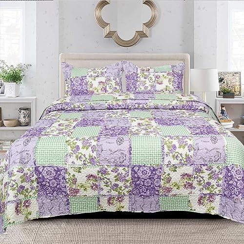 Image of PHP Patchwork Bedspread Box Pattern 100% Cotton Filling Reversible Quilted Throw For Bedroom Decor - Warm Quilt Coverlets Blankets Bedspread with Pillow Case (Blossom Rose - Des 4, King)