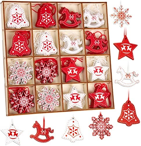 Image of BRUBAKER 48-Pcs. Christmas Pendant Set - Tree Decorations Red White Made of Wood 1.6 Inches - Rocking Horses Stars Bells - Deco Hanger Weihnachten - Wooden Christmas Tree Pendants