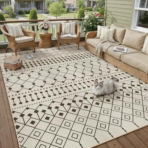 Image of PureCozy Outdoor Rug 200x300cm Rugs Living Room Garden Patios Waterproof Black Beige Carpet Washable Anti Slip Jute Look Large Outside Carpets Office Bedroom Dining Room Out Door Indoor Mat