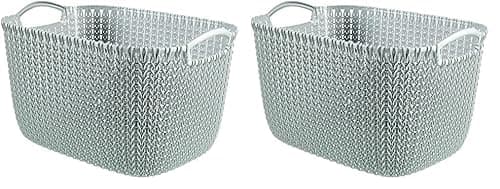 Image of Curver Knit Effect Kitchen, Living room, Bathroom, Bedroom, Utility Large Rectangular Storage Basket 19 Litres - Misty Blue (Pack of 2)