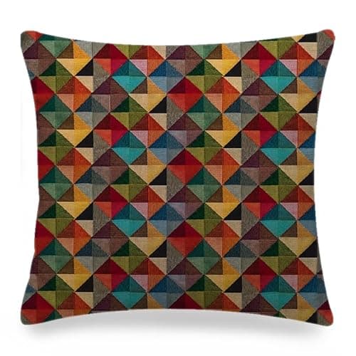 Image of ZFENGYYUAN Geometric Tapestry LINEN Fabric Cushion Cover Multicoloured Red Blue Green Yellow Triangular Harlequin Patten 18"x18" Square Pillow Case Modern contemporary home decors