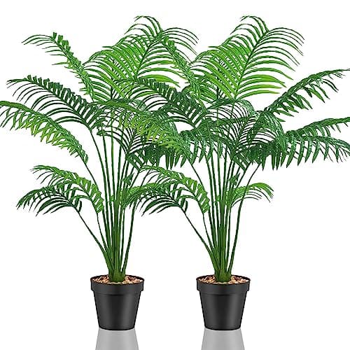 Image of Lighterday Set of 2 Artificial Fake Plants Indoor Decorative Large Faux Plants Artificial Palm Tree Tall Plastic Plants for Office Home Indoor Outdoor Decor (2 Pots of Artificial yellow palm)
