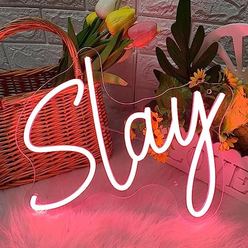 Image of Slay Neon Sign - Pink Game Room Decor for Girls Bedroom - USB Operated LED Light Sign - 13.9x12.1