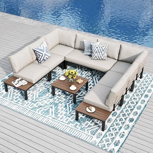 Image of PHI VILLA Garden Furniture Metal Corner Sofa 8 Seaters, U shaped Outdoor Conversation Sofa Couch Set, 8 Pieces Patio Sectional Furniture Sets with Thickened Cushions, Beige