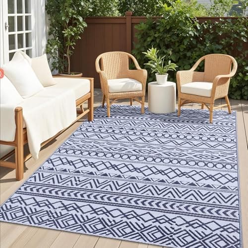 Image of smiry Outdoor Rug for Patios Waterproof, Anti-slip Reversible Garden Rugs Plastic Straw Carpet UV Resistant Area Rugs for Camping, Deck, Picnic, Backyard(120 X 180 cm, Navy Blue & White)