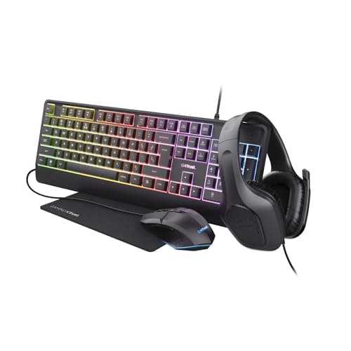 Image of Trust Gaming GXT 792 Quadrox 4-in-1 Gaming Keyboard and Mouse Set, QWERTY UK, Lightweight Headset with Microphone, Mouse Mat, Gaming PC Bundle, RGB Gamer Set for Computer, Laptop, Desktop - Black