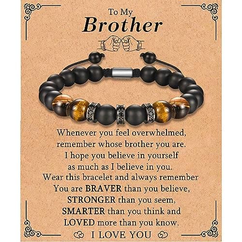 Image of KORAS Brother Gifts, Tiger Eye Black Onyx Stone Bracelet, Adjustable Beads Bracelet Gifts for Brother from Sister on Birthday Christmas