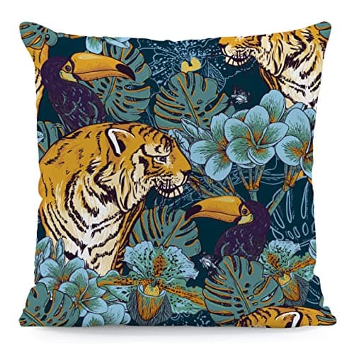 Image of The Beach Stop Tropical Tiger and Toucan Scatter Cushion Cover | Unique Living Room & Bedroom Decor | Gift Idea | 45x45cm 18x18” | Tiger & Toucan