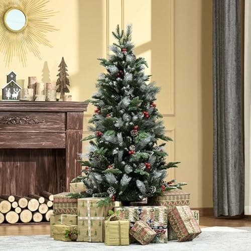 Image of Mengtu 5FT Artificial Snow Dipped Christmas Tree Xmas Pencil Tree Holiday Home Party Decoration with Foldable Feet Red Berries White Pinecones, Green ZSSCB-UKT3398P343539UK