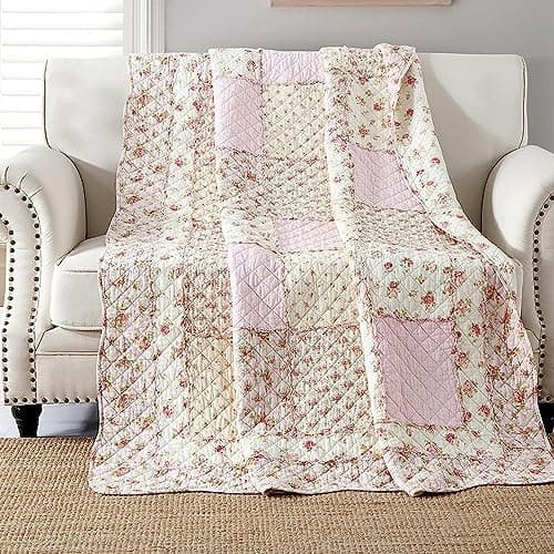 Image of Qucover Single Bedspread Quilted Sofa Bed Throw Soft 100% Cotton Pink Floral Patchwork Quilt 150x200 cm Decorative Sofa Couch Coverlet