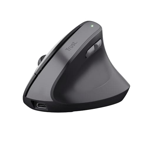 Image of Trust Yuno Wireless Ergonomic Mouse, Rechargeable Vertical Mouse with 2.4GHz USB Receiver, Adjustable DPI (800-2400), Optical Sensor, 6 Buttons, 70% Recycled Plastics, Macbook Laptop Dell - Black