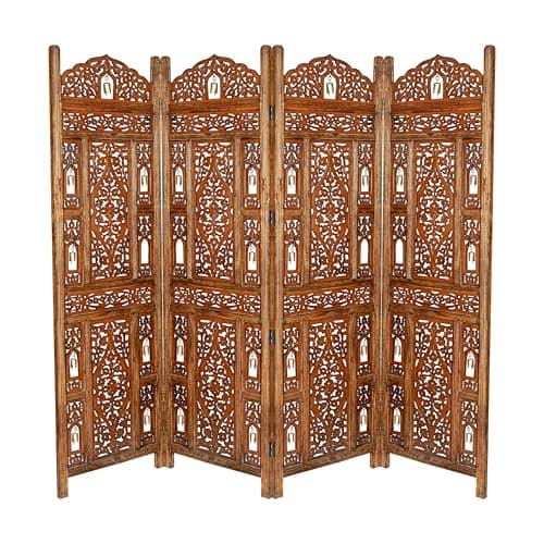 Image of Topfurnishing 4 Panel Room Divider Free Standing Mango Wood Hand Carved Folding Screen Partition Privacy Screen Decorative Headboard (Bells Design, Light Brown, 200 x 180 cm)