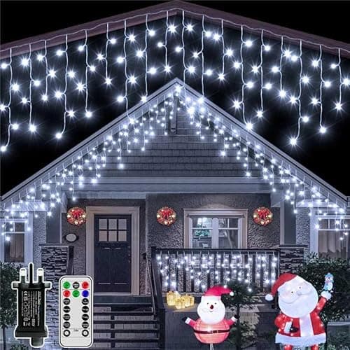 Image of Hopexy Icicle Outdoor Christmas Lights, 216 LEDs 7.3m Waterproof Connectable Outside Fairy Light Mains Powered, Cool White Hanging String Light Plug in, for House Roof Porch Gutter Xmas Decorations