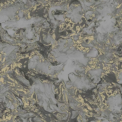 Image of Muriva Metallic Ripple Liquid Marble Swirl Charcoal Grey Gold Shimmer Wallpaper
