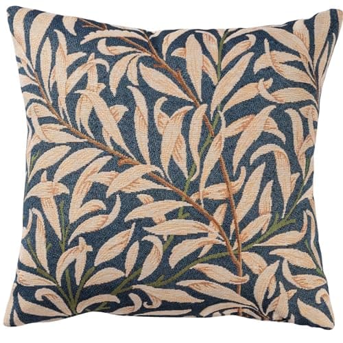 Image of Linen Loft William Morris Willow Bough Tapestry Cushion in Navy Blue. Botanical Interweaving Willow Tree. 17x17 Square Cushion Cover