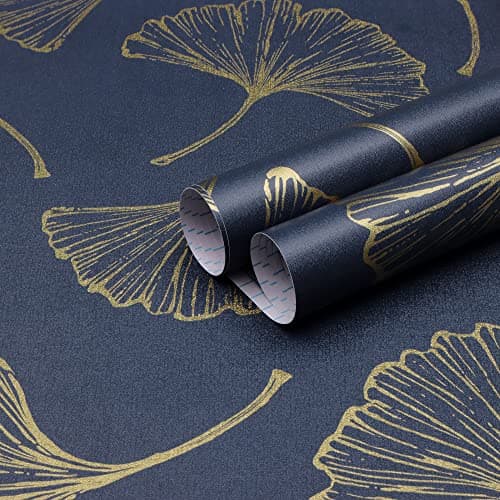Image of Yomshi Gold Ginkgo Leaf Pattern Self Adhesive Wallpaper Dark Blue Wallpaper 44cm X 6m Thicken Peel and Stick Vinyl Roll Floral Leaves Wallpaper Removable Waterproof Furniture Sticker for Walls