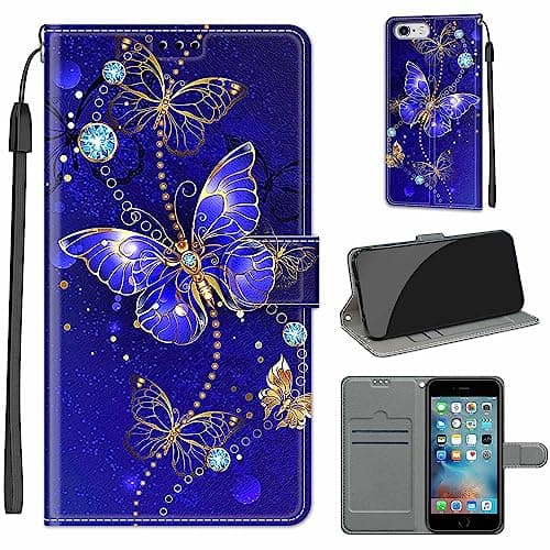 Image of for iPhone 6 / 6S Case, PU Leather Wallet Book Flip Folio Stand View Cover Pouch Compatible with iPhone 6 / 6S Phone Case (Blue Butterfly)