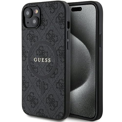 Image of Guess GUHMP15SG4GFRK Case for iPhone 15/14/13 6.1 Inch Black Hard Case 4G Collection Leather Metal Logo