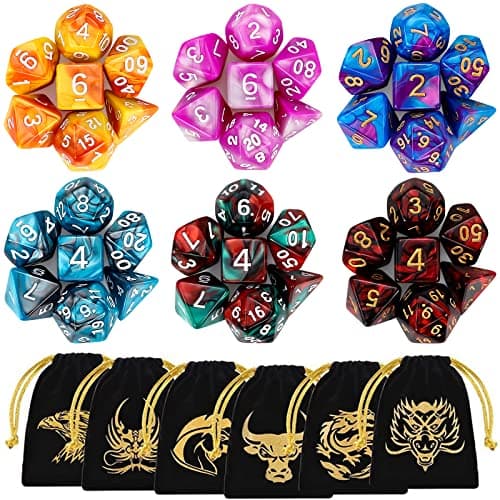 Image of DND Dice, QMAY 6 x 7 Set Polyhedral Double-Color Dice Sets with 6 Gold Pattern Drawstring Pouches for Dungeon and Dragons MTG Table Games RPG DND D20 D12 D10 D% D8 D6 D4