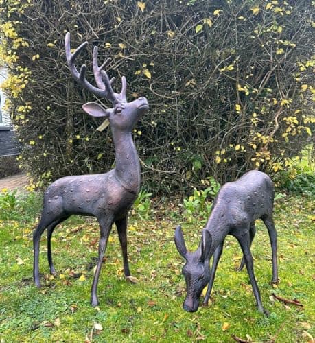 Image of Inspirational Gifting 81cm tall Large Stag and Doe Deer Ornament Set, cast in Aluminium with a bronzed aged verde hand finish - ideal for your home or Garden