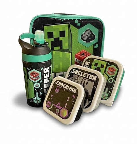 Image of Minecraft 5 Piece Lunch Set Kids School Lunch Bag, 450ml Lockable Water Bottle, 3 Nesting Snack Boxes Featuring Creeper, Skeleton, Enderman - Gift for Minecraft Fans