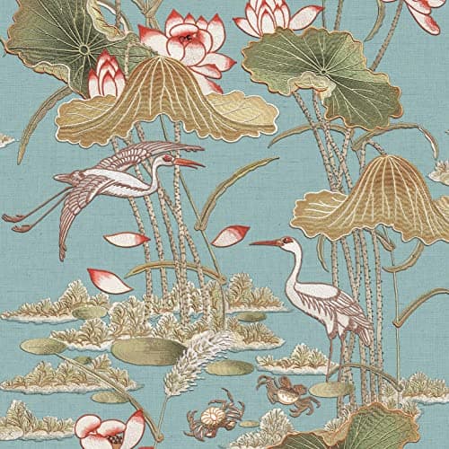 Image of YöL Lotus Pond Teal Wallpaper - Floral Crane Bird Lily Pads Crabs Silk Textured Paste The Wall Modern Non-Woven Vinyl