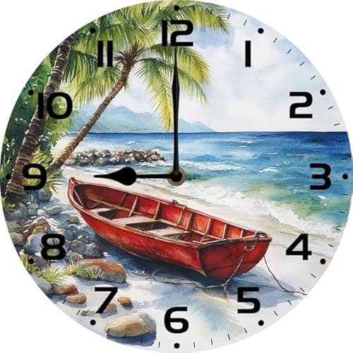 Image of Geroclonup Beach Boat Wall Clock Beach Wall Clock Wooden Wall Clocks Battery Operated 25cm Round Clock Wall Art Modern Home Decor for Kitchen Living Room Bedroom