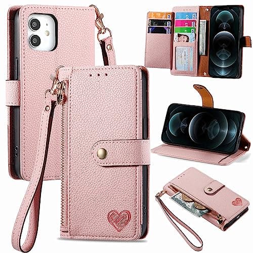 Image of VEEMOS Zipper Wallet Case for Apple iPhone 12 Mini Phone Case with Purse Card Holders RFID Blocking Leather Flip Case Book Cover Wrist Strap Women - Pink