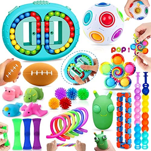 Image of Chennyfun Fidget Toy Set, 26PCS With Box Fidget Toys Pack, Sensory Toys for Autism ADHD, Fidget Toy in Magic Burger Cube, Rainbow Ball Relaxing Entertainment Birthday Gift for Kids Adults