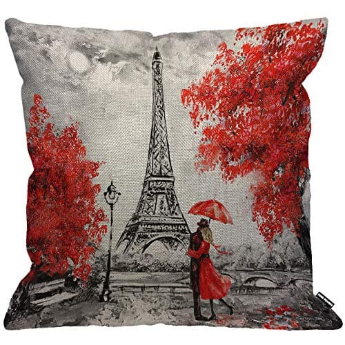 Image of HGOD DESIGNS Eiffel Tower Cushion Cover,Oil Painting Romantic Love Autumn Maple Throw Pillow Case Home Decorative for Men/Women Living Room Bedroom Sofa Chair 18X18 Inch Pillowcase 45X45cm