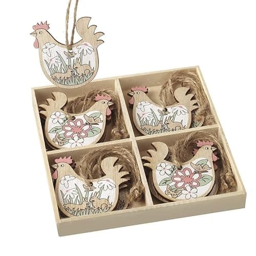 Image of Heaven Sends Hanging Cockerel Hangers Set of 12 – Wooden Chicken Ornaments with Rabbit, Leaf & Floral Design – Rustic Easter Tree or Spring Craft Decorations