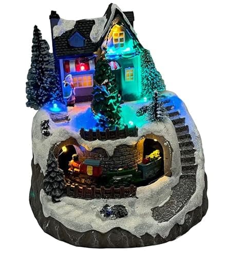 Image of Selections Christmas House and Tree Scene Ornament with Lights Moving Train and Sound