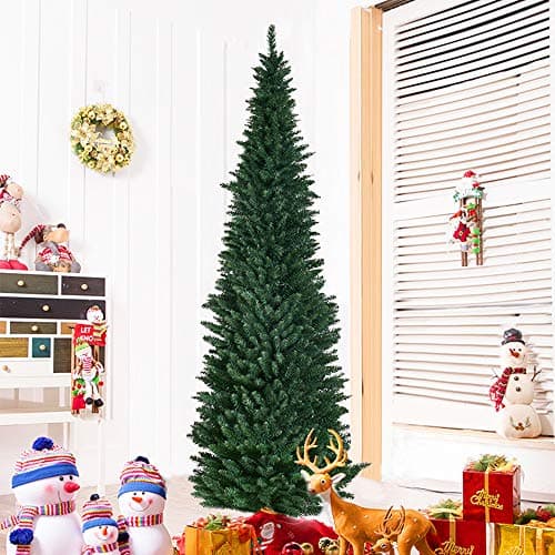 Image of COSTWAY 5FT/6FT/7FT/8FT Green Pencil Slim Christmas Tree, Traditional Artificial Pine Xmas Tree with Metal Stand, Christmas Decoration and Gift (Green, 8FT/2.4M)