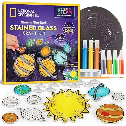 Image of NATIONAL GEOGRAPHIC Kids Window Art Kit - Stained Glass Solar System Arts & Crafts Kit with Glow in the Dark Planets, Suncatchers, Space Room Décor
