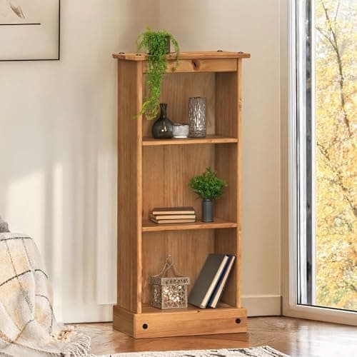 Image of Mercers Furniture Corona Solid Wood Pine Low Narrow Bookcase Wooden Small Slim Shelving Shallow Unit Office Bedroom Living Room Lounge Mexican Style 104cm High 46cm Wide 20cm Deep
