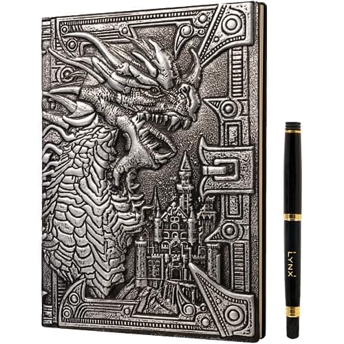 Image of DND Notebook / Journal, Unique 200 Page Book with 3D Silver Dragon Embossed Faux Leather Cover with Pen- Ideal for Dungeons & Dragons / D&D. Great RPG Accessories Gift for DM's & Players, Men or Women