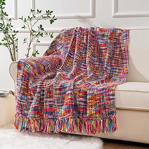Image of BATTILO HOME Colorful Bohemian Throw Blanket with Fringe Decorative Knitted Throw Travel Blanket Nap Throws for Sofas, Armchair, Couch and Bed (127x152cm, Multi)