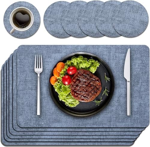 Image of Purejoy Placemats and Coaster Sets 6, Christmas Table Mats PU Leather, Heat-Resistant Washable and Non-Slip 43 * 30 cm, Dinner Table Mats Set of 6, for Kitchen Table and New Years (Sky Blue)