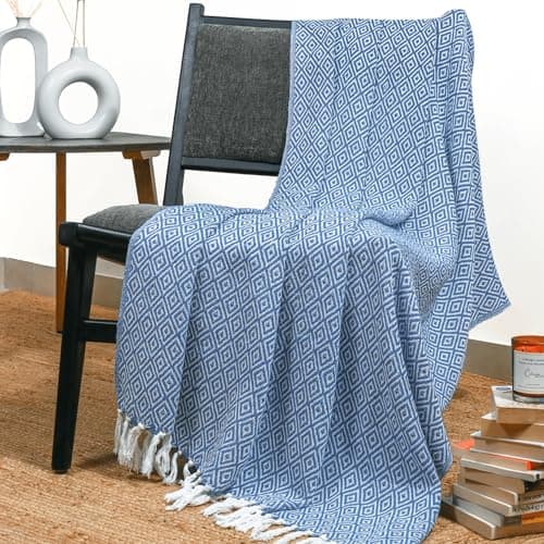 Image of RAJRANG Reversible Throws for Sofa Bed Soft Cotton Diamond Settee Throw Arm Chair Cover Boho Handwoven Decorative Indian Couch Blanket - Powdered Blue 127 x 152 cm