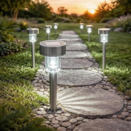 Image of GloBrite Pack of 10 Solar Lights Outdoor Garden – Waterproof Stainless Steel LED Solar Garden Lights with Stake for Pathway, Driveway, Patio, Walkway, Lawn, Yard & Landscape Decoration