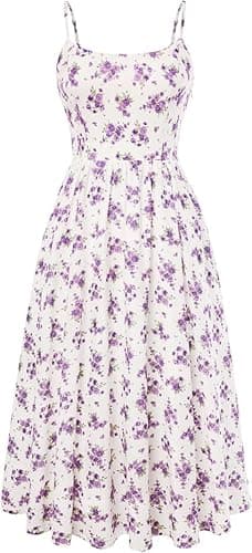 Image of Belle Poque Women Floral Dresses Summer Spaghetti Strap Smocked Back A-Line Midi Sundress with Pockets White and Purple Floral 2XL